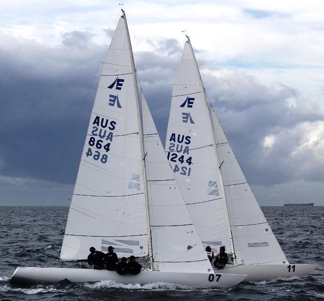 Matthew Chew (864) lined up against Doug McGain (1244) on day two of the 2013 Mooloolaba Etchells Winters © Tracey Johnstone